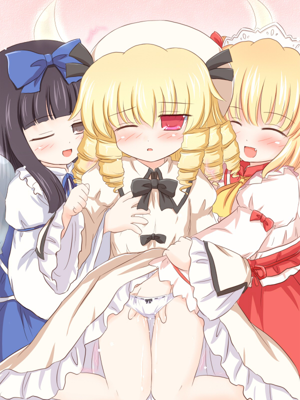 ry (yagoyago), luna child, star sapphire, sunny milk, perfect memento in strict sense, team shanghai alice, touhou, 3girls, blush, clothes lift, dress, dress lift, female focus, fingering, grabbing another's breast, groping, hand in panties, kodomo doushi, loli, multiple girls, one eye closed, panties, pussy juice, underwear, white panties, wink, yuri