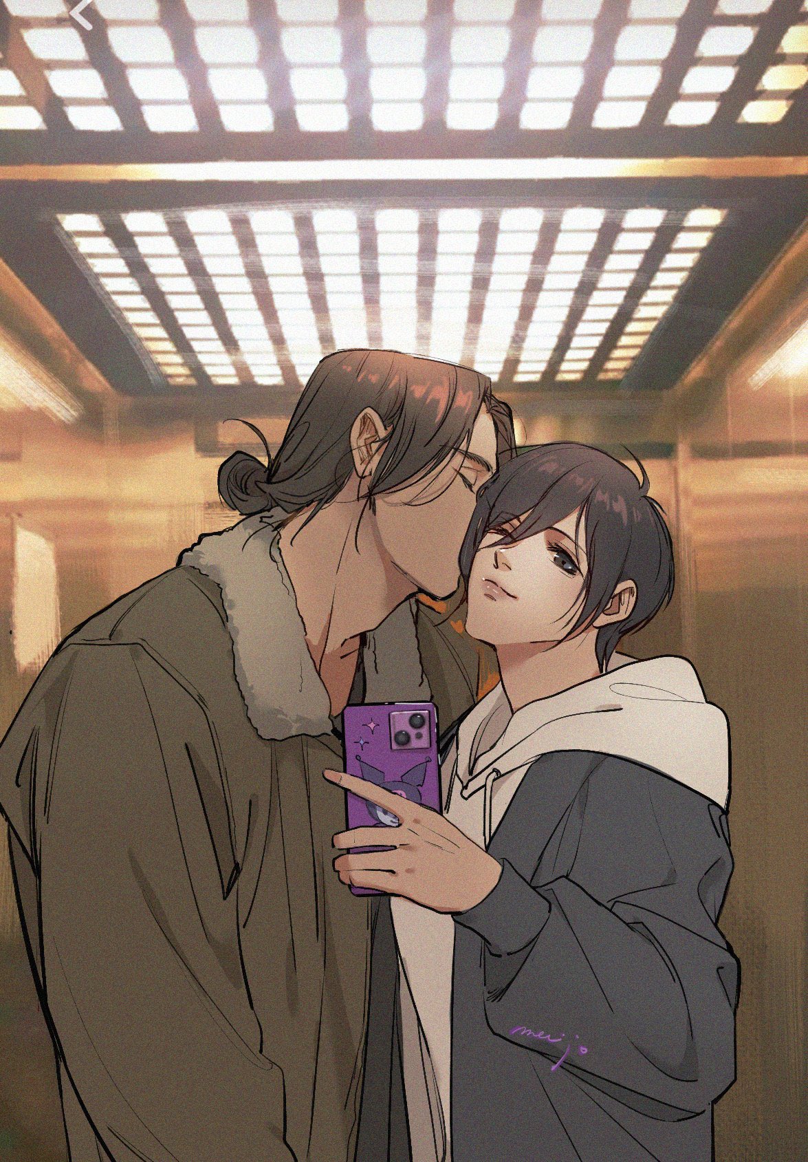 mnine5, eren yeager, kuromi, mikasa ackerman, sanrio, shingeki no kyojin, highres, 1boy, 1girl, black hair, black jacket, breasts, brown coat, brown hair, closed eyes, coat, contemporary, couple, fur-trimmed coat, fur trim, hair between eyes, hair bun, hetero, holding, holding phone, hood, hoodie, jacket, jacket over hoodie, kissing hair, long sleeves, medium breasts, parted bangs, phone, selfie, short hair, smile, taking picture, upper body, white hoodie