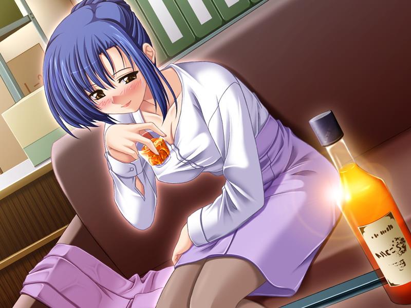 hisame genta, toshizoo, hirano touko, kikaijikake no eve, game cg, source request, 1girl, alcohol, blue hair, blush, box, breasts, brown eyes, cardboard box, cleavage, couch, cup, dress shirt, drinking glass, female focus, formal clothes, grey pantyhose, hair bun, hand on own thigh, holding, indoors, jacket, large breasts, leaning forward, lens flare, light smile, lipstick, long sleeves, looking at viewer, makeup, mature female, outline, pantyhose, pencil skirt, shirt, short hair, sidelocks, single hair bun, sitting, skirt, skirt suit, smile, solo, suit, taut clothes, unworn clothes, white shirt