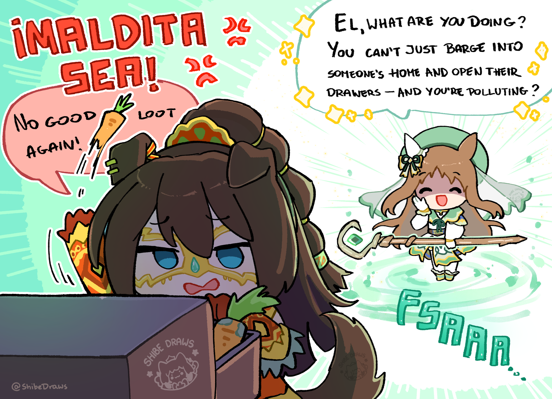 shibedraws, el condor pasa (kukulkan warrior) (umamusume), el condor pasa (umamusume), grass wonder (saintly jade cleric) (umamusume), grass wonder (umamusume), umamusume, commentary, english commentary, highres, 2girls, animal ears, beret, blue eyes, bow, brown hair, capelet, carrot, chibi, closed eyes, domino mask, drawer, dress, ear bow, ear covers, ear ornament, ear ribbon, english text, eye mask, gloves, green capelet, green hat, hair between eyes, hat, holding, holding staff, horse ears, horse girl, horse tail, long hair, long sleeves, looking at viewer, mage staff, magic, mask, masked, multiple girls, official alternate costume, open mouth, ponytail, shirt, single ear cover, smile, spanish text, speech bubble, staff, star (symbol), tail, white dress, white gloves