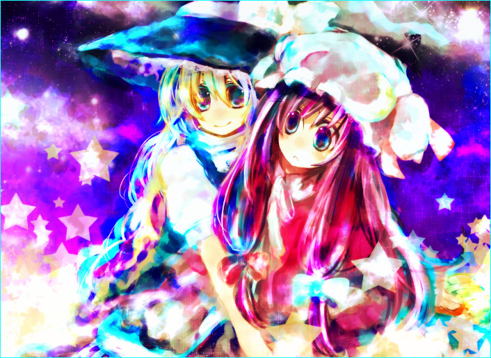 ohomo, kirisame marisa, patchouli knowledge, touhou, bad id, bad pixiv id, 2girls, blonde hair, crescent hat ornament, female focus, hat, hat ornament, long hair, multiple girls, purple hair, ribbon, star (symbol)