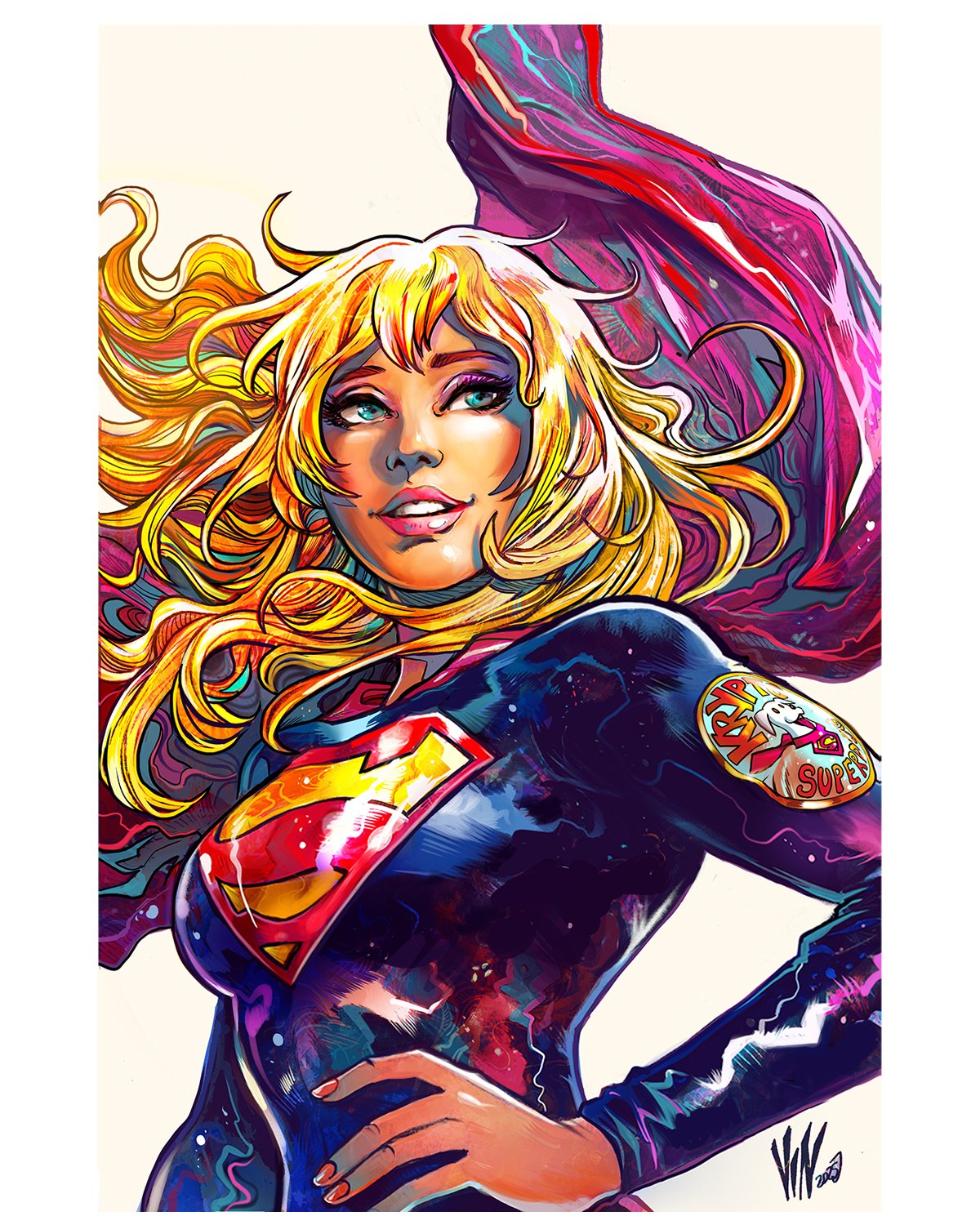 vinartwork, supergirl, dc comics, dc universe (franchise), superman (series), highres, 1girl, blonde hair, blue bodysuit, blue eyes, bodysuit, cape, leotard, long hair, long sleeves, red cape, shirt, sleeved leotard, solo, superhero costume, superman logo, western comics (style)