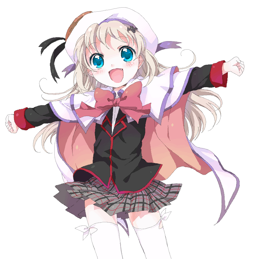 namori, noumi kudryavka, little busters!, 1girl, bat (animal), beret, blonde hair, blue eyes, blush, bow, cape, cowboy shot, fang, female focus, flat chest, hair ornament, hairclip, happy, hat, long hair, oekaki, outstretched arms, pink bow, plaid clothes, plaid skirt, school uniform, serafuku, skirt, solo, spread arms, stretching, thighhighs, white thighhighs, zettai ryouiki