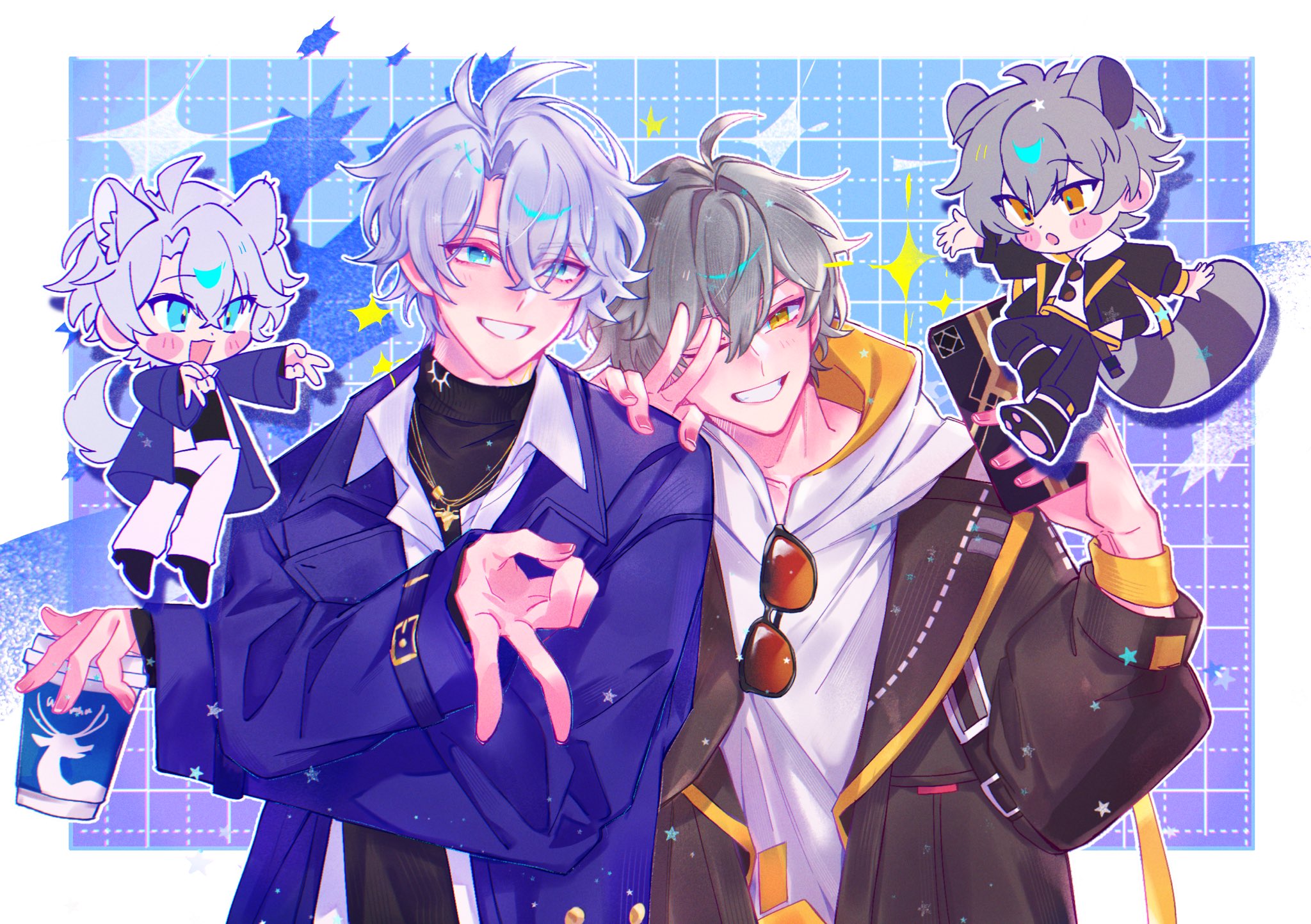 caelus (honkai: star rail), caelus (world tour 2023) (honkai: star rail), phainon (honkai: star rail), phainon (luckin coffee) (honkai: star rail), trailblazer (honkai: star rail), honkai: star rail, honkai (series), highres, second-party source, 2boys, ahoge, animal ear fluff, animal ears, antenna hair, black-framed eyewear, black boots, black jacket, black pants, black shoes, black sweater, blue background, blue eyes, blue jacket, blush, boots, border, brown-tinted eyewear, cellphone, checkered background, chibi, chibi inset, collarbone, collared shirt, crossed arms, crossed bangs, cup, disposable coffee cup, disposable cup, dog ears, dog tail, double v, fingernails, full body, gold necklace, grey hair, hair between eyes, hand on another's shoulder, holding, holding cup, holding phone, hood, hoodie, jacket, jewelry, kemonomimi mode, long sleeves, looking at another, looking at viewer, male focus, multiple boys, necklace, official alternate costume, one eye closed, open clothes, open jacket, open mouth, open shirt, outside border, pants, phone, puffy long sleeves, puffy sleeves, purple background, raccoon ears, raccoon tail, shirt, shoes, short hair, smartphone, smile, standing, star (symbol), sunglasses, sweater, tail, teeth, tinted eyewear, turtleneck, turtleneck sweater, two-tone background, unworn eyewear, upper body, v, white border, white hoodie, white pants, white shirt, wristband, yellow eyes