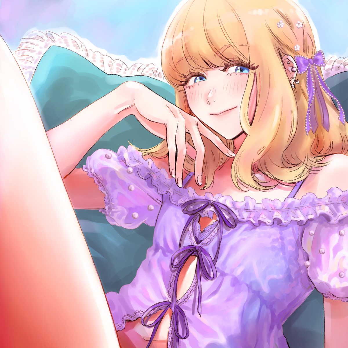 yuki touko, seira (yuki touko), original, green pillow, highres, 1boy, aqua background, blonde hair, blue eyes, blush, bow, crossdressing, crossdressing (mtf), earrings, flower, frilled shirt, frills, gradient background, hair bow, hair flower, hair ornament, jewelry, male focus, medium hair, multiple earrings, navel, puffy short sleeves, puffy sleeves, purple background, purple bow, purple shirt, shirt, short sleeves, sitting on pillow, smile, solo, spaghetti strap, trap