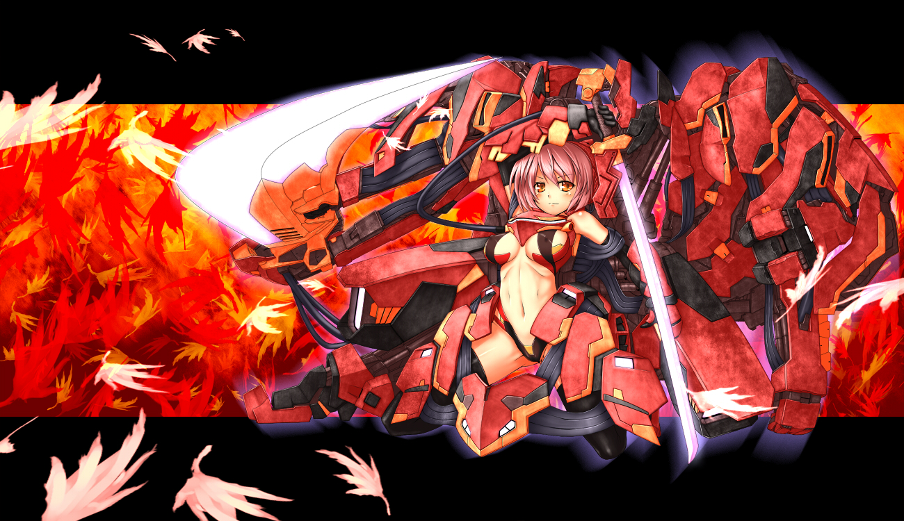 tro (trombe), autumn leaves, blush, katana, leaf, mecha musume, pink hair, short hair, solo, sword, weapon