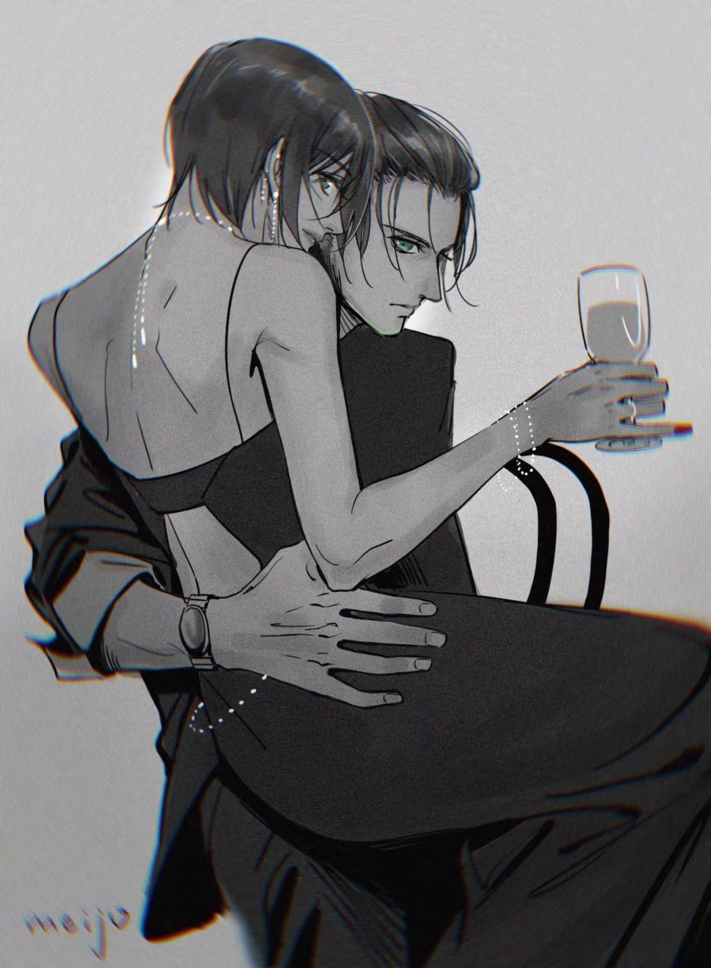 mnine5, eren yeager, mikasa ackerman, shingeki no kyojin, highres, 1boy, 1girl, arm around waist, artist name, bare shoulders, couple, cup, dress, drinking glass, earrings, facial scar, green eyes, grey background, hair between eyes, hetero, holding, holding cup, jewelry, limited palette, long dress, necklace, ring, scar, scar on cheek, scar on face, short hair, simple background, sleeveless, sleeveless dress, sleeves rolled up, spot color, watch, wine glass, wristwatch