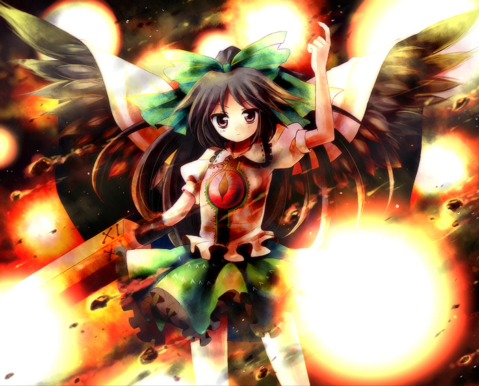 kuguri oimo, reiuji utsuho, touhou, bad id, bad pixiv id, 1girl, arm cannon, black hair, female focus, long hair, skirt, solo, weapon, wings