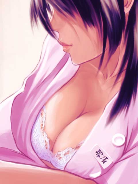 translated, 1girl, bra, breasts, brown hair, cleavage, female focus, lingerie, lips, name tag, small breasts, solo, underwear