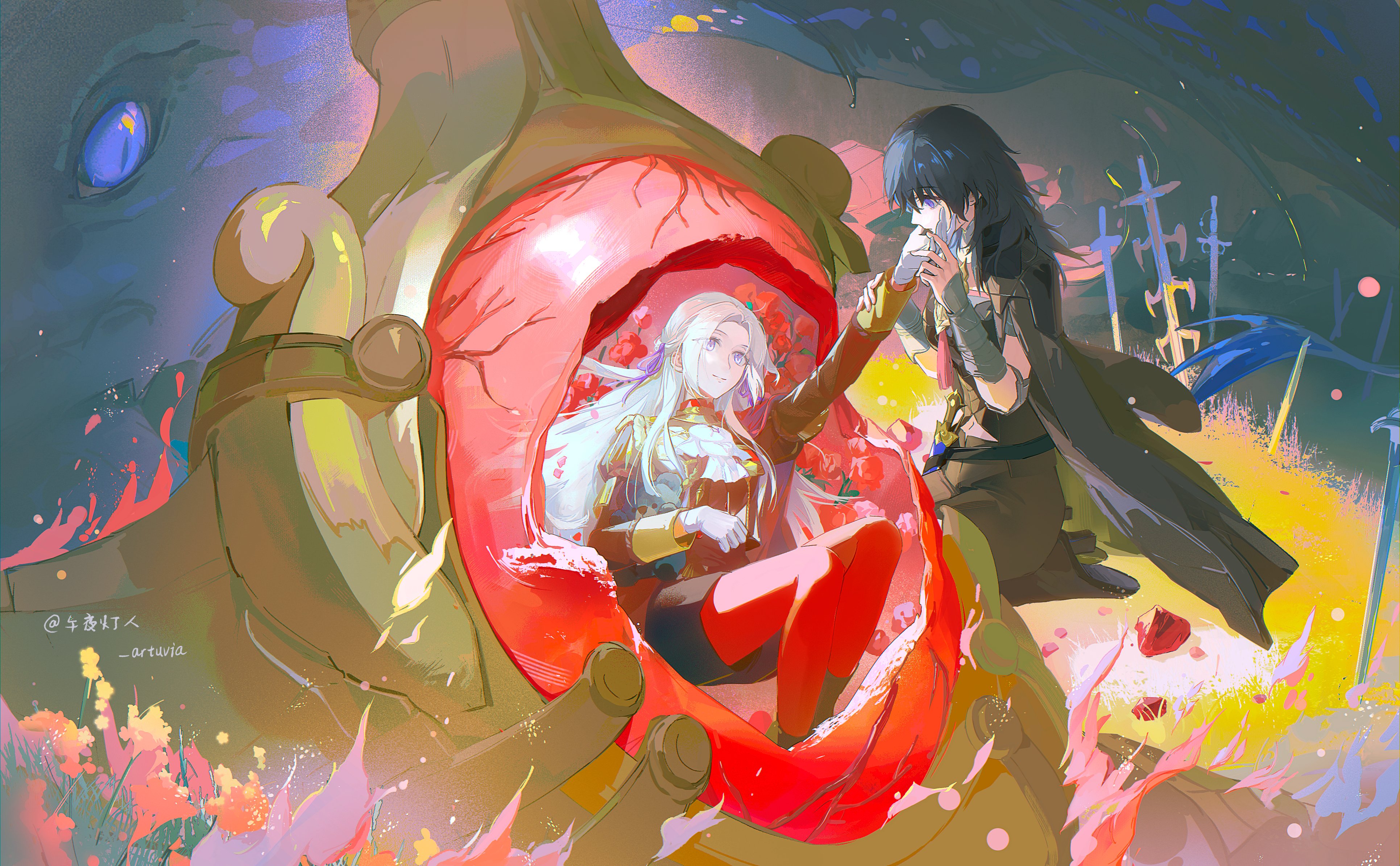 artuvia, edelgard von hresvelg, female byleth (fire emblem), fire emblem, fire emblem: three houses, nintendo, absurdres, commentary request, highres, 2girls, arm guards, black pantyhose, blue eyes, closed mouth, couple, dragon, gloves, green hair, hair between eyes, hair ribbon, hand on another's cheek, hand on another's face, heart, long hair, long sleeves, looking at another, looking down, looking to the side, looking up, lying, multiple girls, on back, on side, pantyhose, parted bangs, purple eyes, purple ribbon, red pantyhose, ribbon, seiza, shade, sitting, wavy hair, white gloves, white hair, yuri