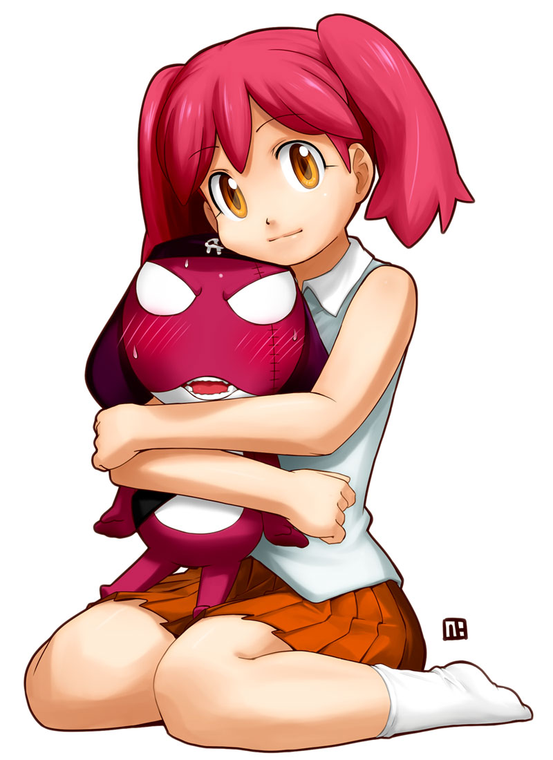 nagian, giroro, hinata natsumi, keroro gunsou, bad id, bad pixiv id, 1girl, blush, brown eyes, female focus, full body, hug, kneeling, red hair, sitting, skirt, smile, socks, solo, twintails, wariza