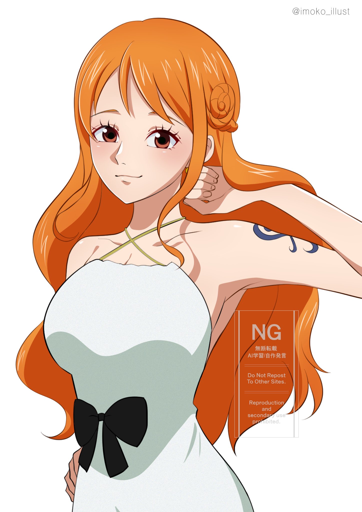 imoko (imoko illust), nami (one piece), one piece, one piece film: gold, highres, 1girl, armpit peek, bare arms, bare shoulders, black bow, blush, bow, breasts, brown eyes, closed mouth, collarbone, criss-cross halter, dress, dress bow, halterneck, hand on own hip, hand up, large breasts, long hair, looking at viewer, official alternate costume, official alternate hairstyle, orange hair, shoulder tattoo, simple background, single sidelock, solo, tattoo, twitter username, upper body, white background, white dress
