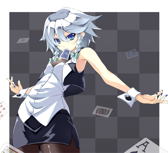 tooya, touya (the-moon), izayoi sakuya, touhou, silver hair, 1girl, alternate costume, bare shoulders, blue eyes, blue nails, braid, card, casual, contemporary, female focus, floating card, hair ribbon, miniskirt, mouth hold, nail polish, pantyhose, pencil skirt, playing card, ribbon, skirt, solo, twin braids