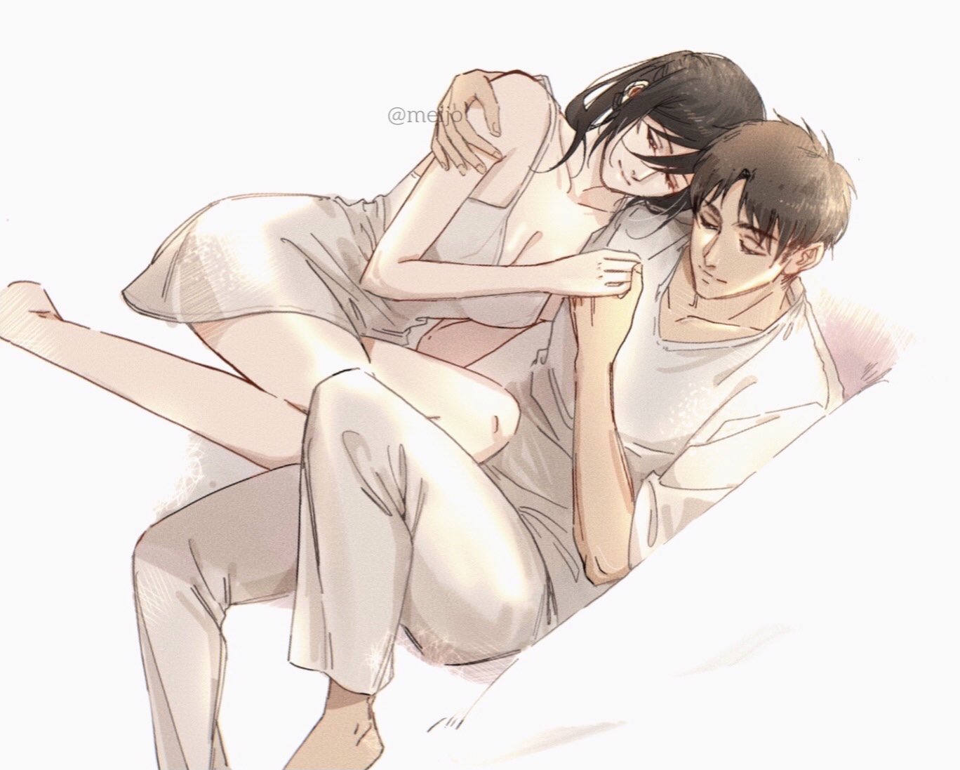 mnine5, eren yeager, mikasa ackerman, shingeki no kyojin, 1boy, 1girl, arm around shoulder, bare shoulders, barefoot, breasts, cleavage, closed eyes, closed mouth, couple, dress, facial scar, hair between eyes, hetero, holding hands, long hair, medium breasts, pants, parted bangs, scar, scar on cheek, scar on face, shirt, short hair, short sleeves, smile, twitter username, white background, white dress, white negligee, white pants, white shirt