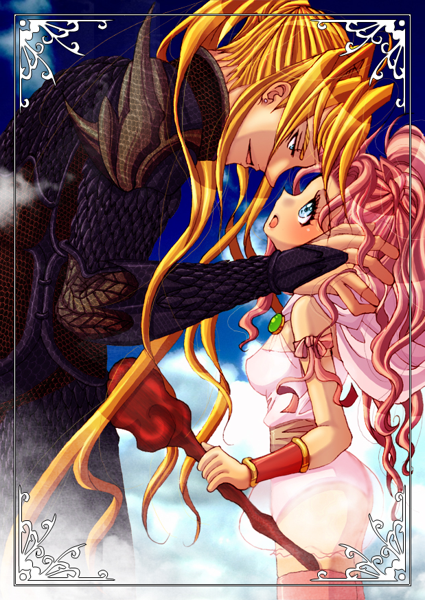 dattyo, cain highwind, dragoon (final fantasy), porom, porom (adult), white mage (final fantasy), final fantasy, final fantasy iv, final fantasy iv: the after years, bad id, bad pixiv id, 1990s (style), 1boy, 1girl, armband, armor, blonde hair, blue eyes, bow, dragoon, earrings, jewelry, long hair, open mouth, pink hair, ponytail, retro artstyle, ribbon, see-through clothes, smile, staff, very long hair