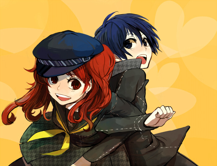darao, dro, kujikawa rise, shirogane naoto, atlus, persona, persona 4, bad id, bad pixiv id, 2girls, androgynous, back-to-back, blue eyes, blue hair, female focus, hat, long hair, multiple girls, newsboy cap, red eyes, red hair, reverse trap, short hair, twintails, unworn hat, unworn headwear
