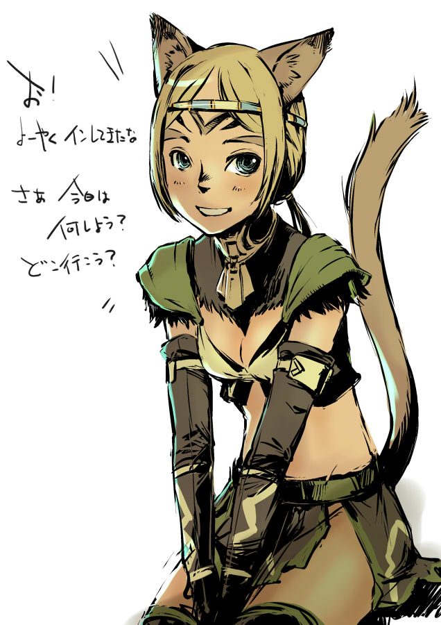 branch (blackrabbits), mithra (ff11), final fantasy, final fantasy xi, bad id, bad pixiv id, translation request, 00s, 1girl, animal ears, blonde hair, blush, breasts, circlet, female focus, simple background, smile, solo, tail