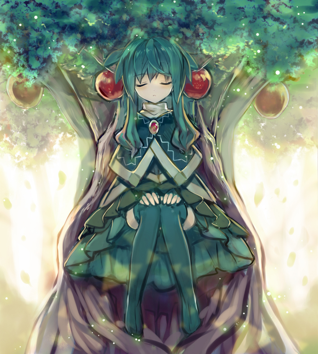 fuepo, whispy woods, kirby (series), nintendo, highres, 1girl, animification, brooch, closed eyes, dress, full body, genderswap, grass, green hair, hat, humanization, jewelry, outdoors, personification, sleeping, socks, solo, tree