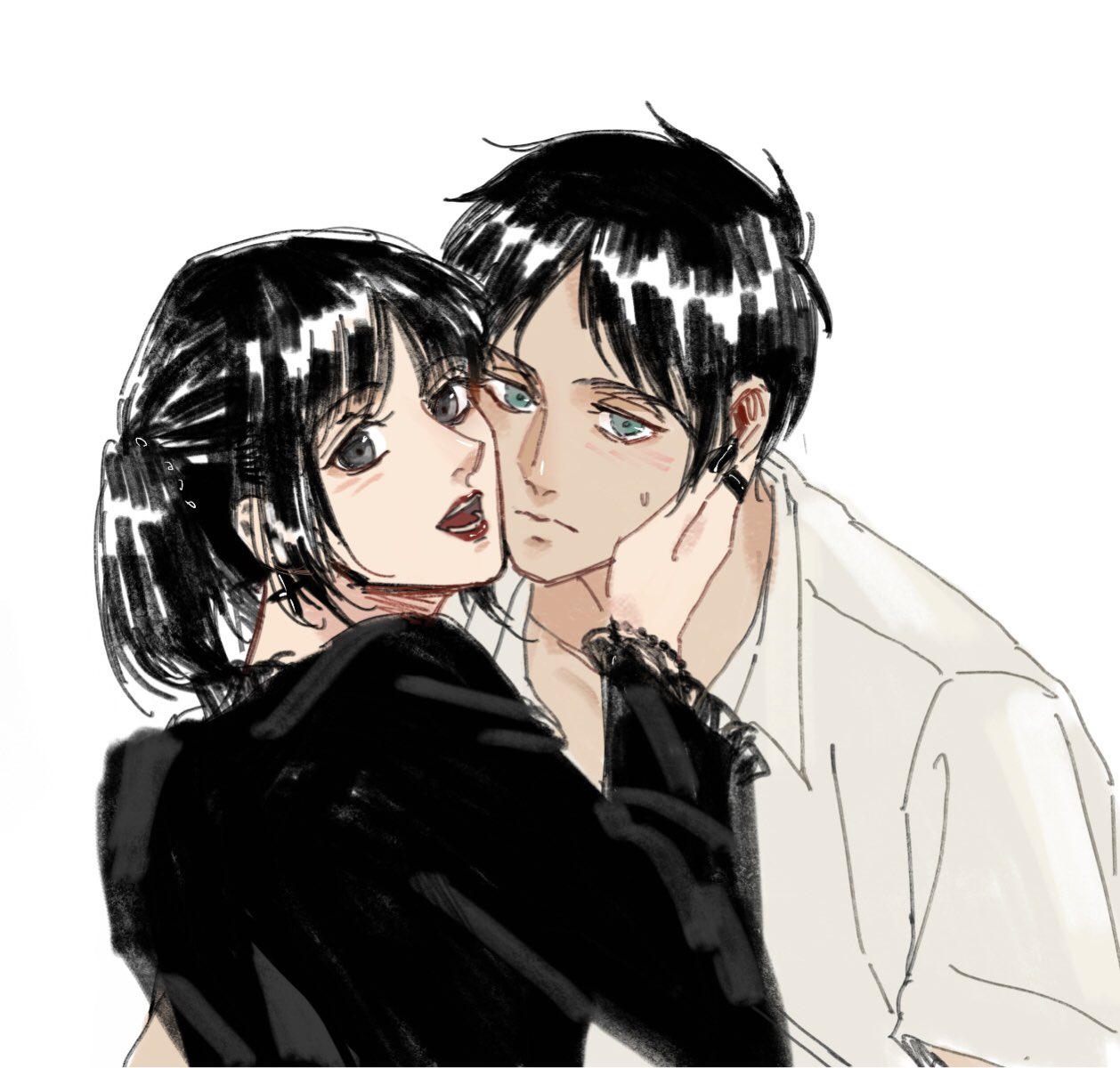 mnine5, eren yeager, mikasa ackerman, shingeki no kyojin, highres, 1boy, 1girl, black hair, black nails, black shirt, collared shirt, couple, cross, cross earrings, earrings, goth fashion, green eyes, grey eyes, hetero, jewelry, long sleeves, looking at viewer, nail polish, official alternate costume, official alternate hairstyle, open mouth, parted bangs, red lips, ring, shirt, short hair, short sleeves, smile, sweatdrop, twintails, upper body, white shirt