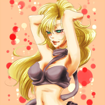 ayla (chrono trigger), chrono (series), chrono trigger, lowres, 1990s (style), 1girl, armpits, arms up, blonde hair, female focus, green eyes, long hair, midriff, navel, retro artstyle, scarf, solo, stomach, strapless, tube top, very long hair, wavy hair