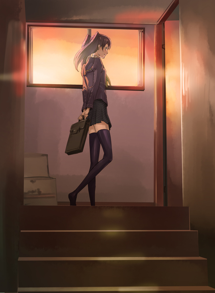 makacoon, kujikawa rise, atlus, persona, persona 4, 1girl, arms behind back, bag, door, female focus, long hair, miniskirt, purple hair, satchel, school bag, school uniform, serafuku, skirt, solo, stairs, sunset, thighhighs, twintails, zettai ryouiki