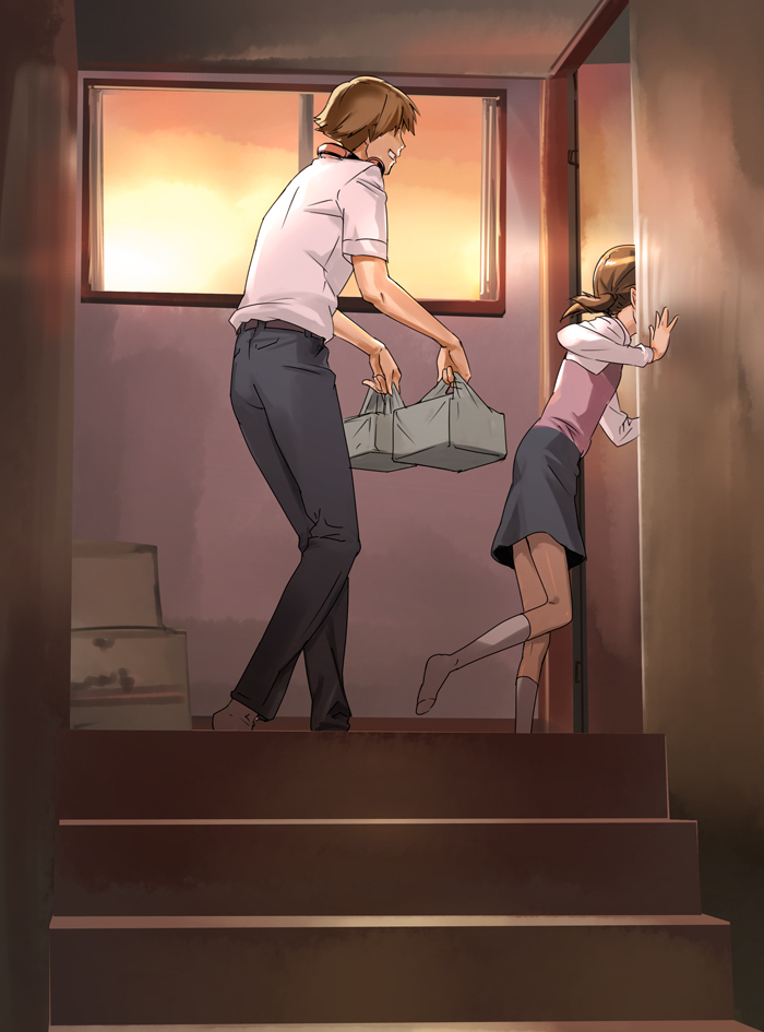 makacoon, doujima nanako, hanamura yousuke, atlus, persona, persona 4, 1boy, 1girl, bag, child, door, feet, no shoes, short twintails, slice of life, socks, stairs, sunset, twintails