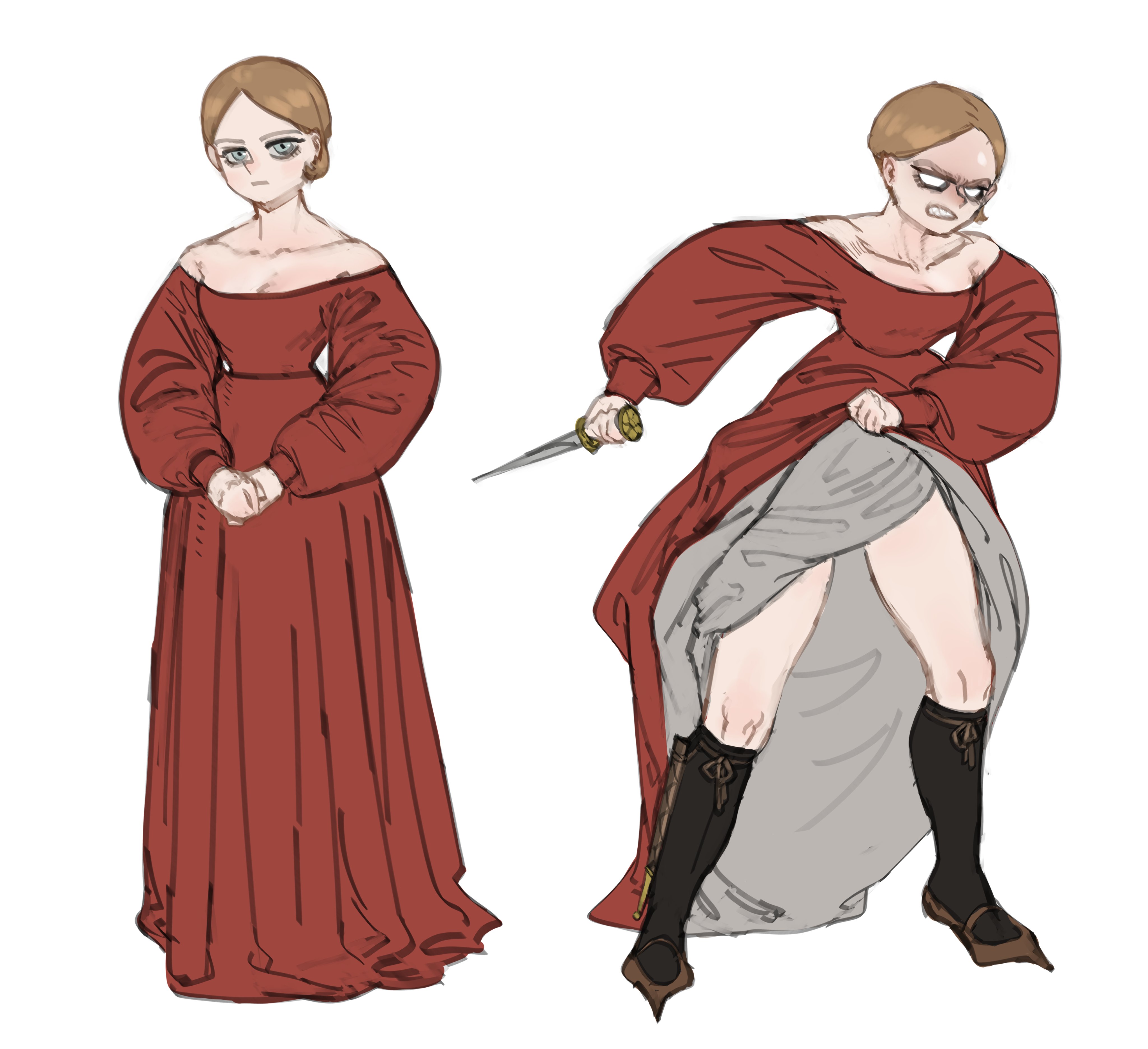 wass nonnam, emmelot (wassnonnam), original, absurdres, highres, 1girl, angry, blue hair, breasts, brown hair, clenched teeth, dagger, dress, dual persona, knife, parted bangs, red dress, sharp teeth, short hair, sitting, small breasts, teeth, thighs, weapon, white background