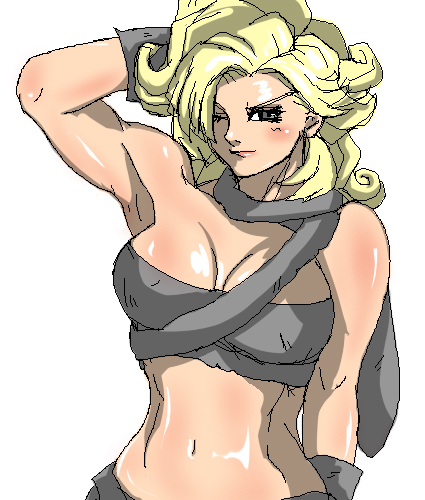 ayla (chrono trigger), chrono (series), chrono trigger, bad id, bad pixiv id, lowres, 1990s (style), 1girl, blonde hair, brown eyes, curly hair, female focus, muscular, oekaki, retro artstyle, solo, wavy hair