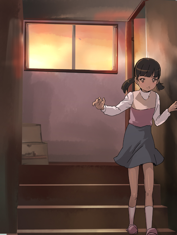 makacoon, doujima nanako, atlus, persona, persona 4, blush, brown hair, door, long skirt, skirt, slippers, solo, stairs, sunset, twintails