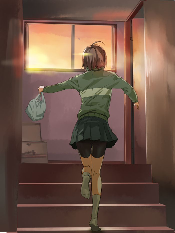 makacoon, satonaka chie, atlus, persona, persona 4, 1girl, back, bag, bike shorts, door, female focus, running, shopping bag, skirt, socks, solo, stairs, sunset
