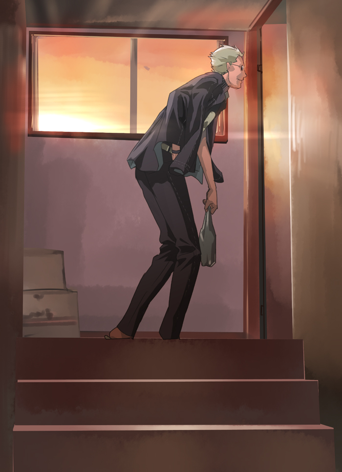 makacoon, tatsumi kanji, atlus, persona, persona 4, door, male focus, solo, stairs, sunset