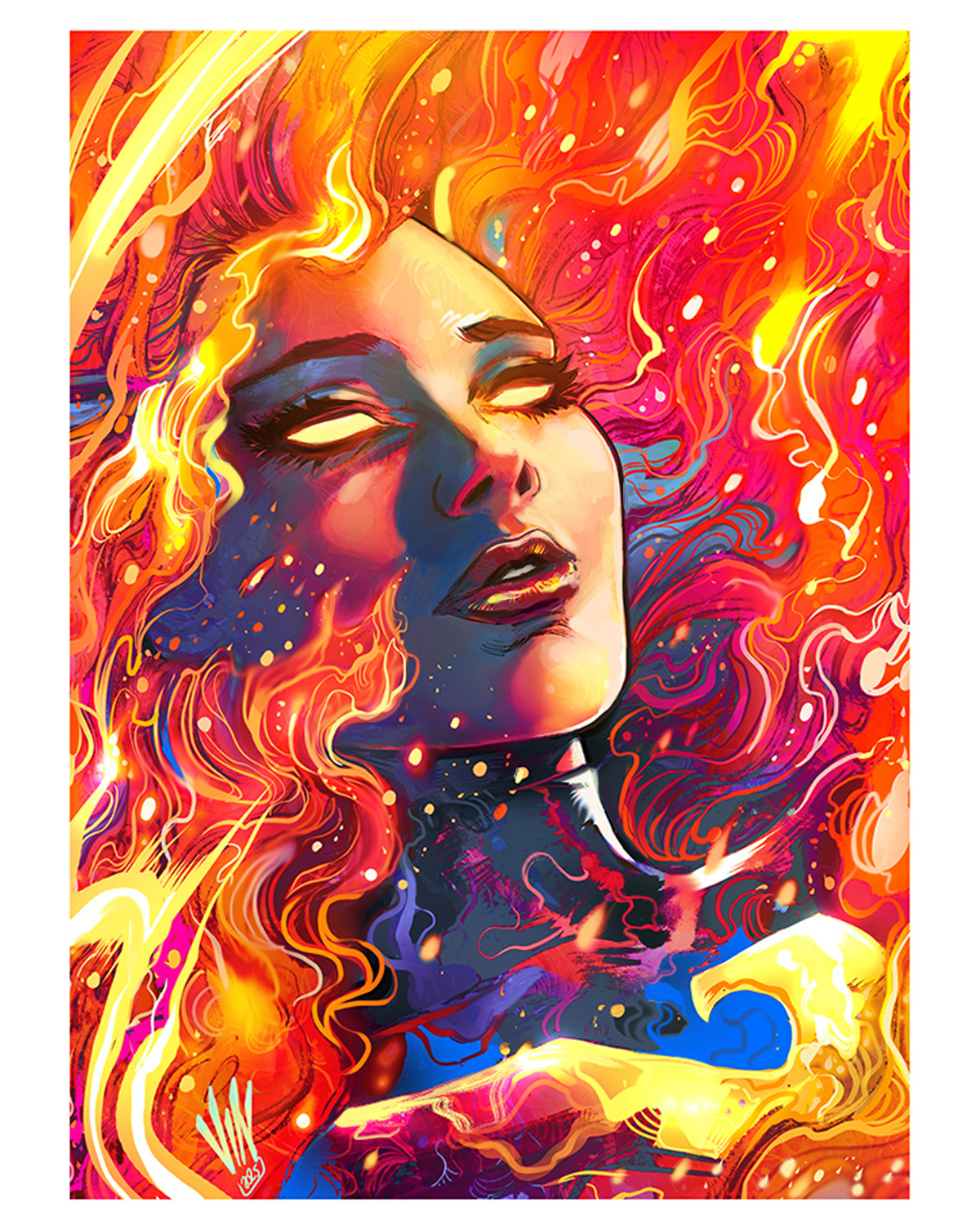 vinartwork, jean grey, phoenix (x-men), marvel, x-men, highres, 1girl, abstract background, bird, bodysuit, fiery hair, fire, gloves, glowing, glowing eyes, green bodysuit, long hair, orange background, orange eyes, phoenix, portrait, red background, red hair, solo, superhero costume, two-tone bodysuit, western comics (style), yellow bodysuit