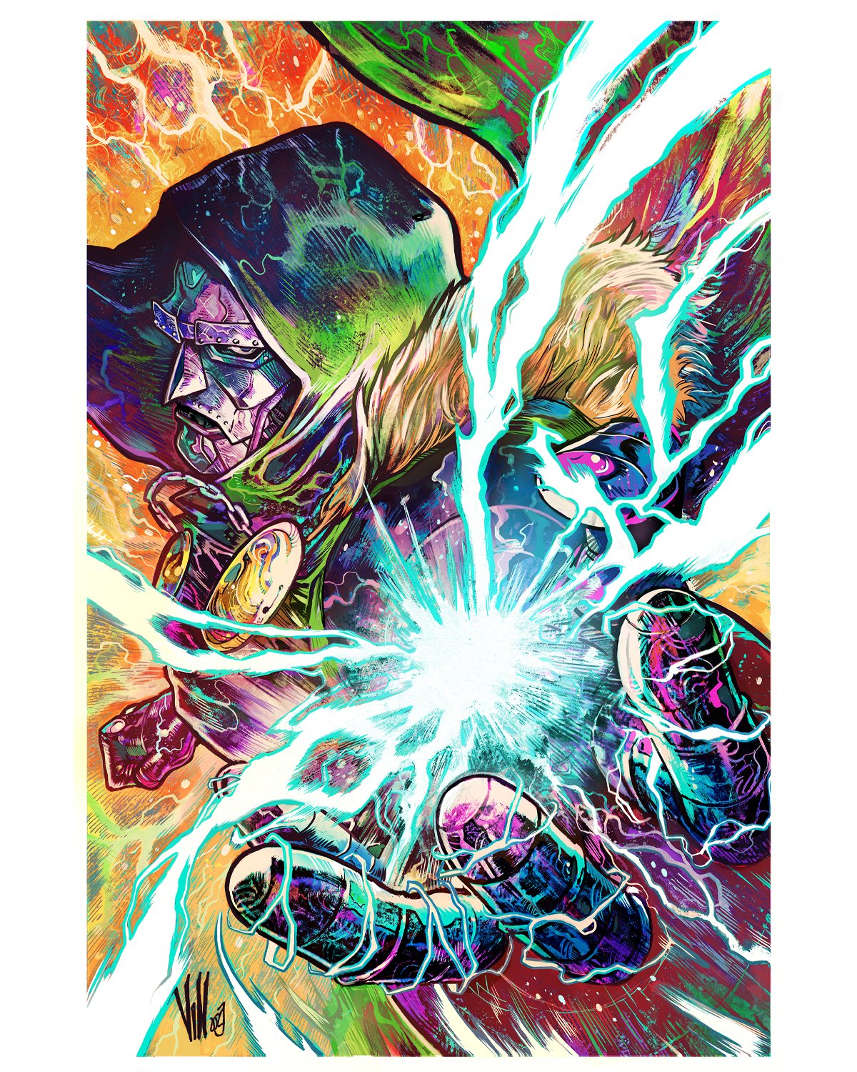 vinartwork, doctor doom, fantastic four, marvel, highres, 1boy, abstract background, armor, cape, dynamic pose, energy ball, full armor, fur-trimmed cape, fur trim, gloves, gold medal, green cape, green hood, helmet, hood, hooded cape, lightning, male focus, mask, metal gloves, power armor, solo, steel mask, superhero costume, thunder, western comics (style)