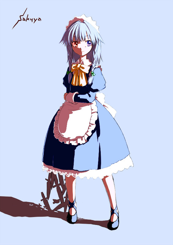 kiriu, izayoi sakuya, touhou, silver hair, 1girl, braid, female focus, heterochromia, short hair, solo, twin braids