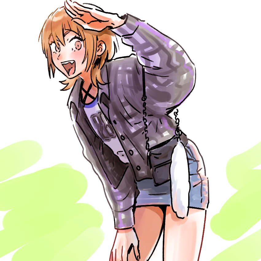 yuki touko, tomo (yuki touko), original, 1boy, bag, black bag, black jacket, brown eyes, brown hair, chain, cowboy shot, criss-cross straps, crossdressing, crossdressing (mtf), denim, denim skirt, fand, fang, green background, hand on own thigh, handbag, jacket, male focus, medium hair, miniskirt, number print, shirt, simple background, skirt, t-shirt, teeth, trap, two-tone background, upper teeth only, white background