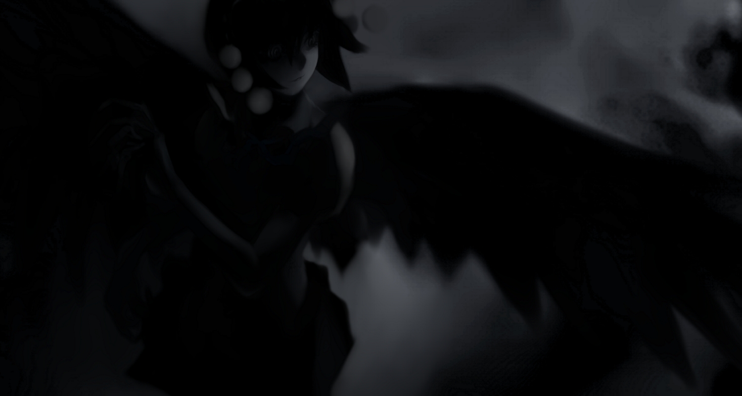 futon (kitsune tsuki), kitsune tsuki, shameimaru aya, touhou, 1girl, dark, female focus, greyscale, monochrome, solo, wings