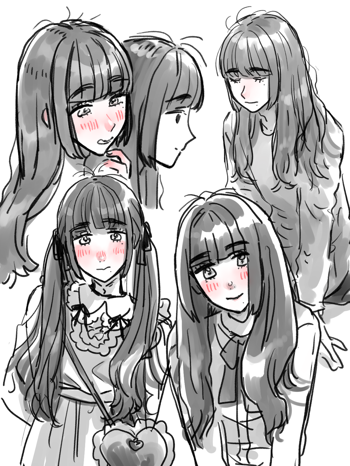 yuki touko, arisa (yuki touko), original, highres, 1boy, blunt bangs, blush, crossdressing, crossdressing (mtf), dress, frills, greyscale, hand blush, heart-shaped bag, long sleeves, male focus, messy hair, mole, mole under eye, mole under mouth, monochrome, multiple views, trap
