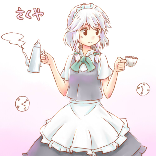 kakkou, izayoi sakuya, touhou, silver hair, lowres, 1girl, braid, female focus, short hair, solo, tea, twin braids