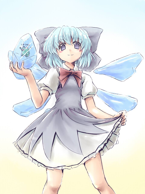 kakkou, cirno, embodiment of scarlet devil, touhou, 1girl, clothes lift, dress, dress lift, female focus, frog, gradient background, ice, solo, split mouth, two-tone dress, white background