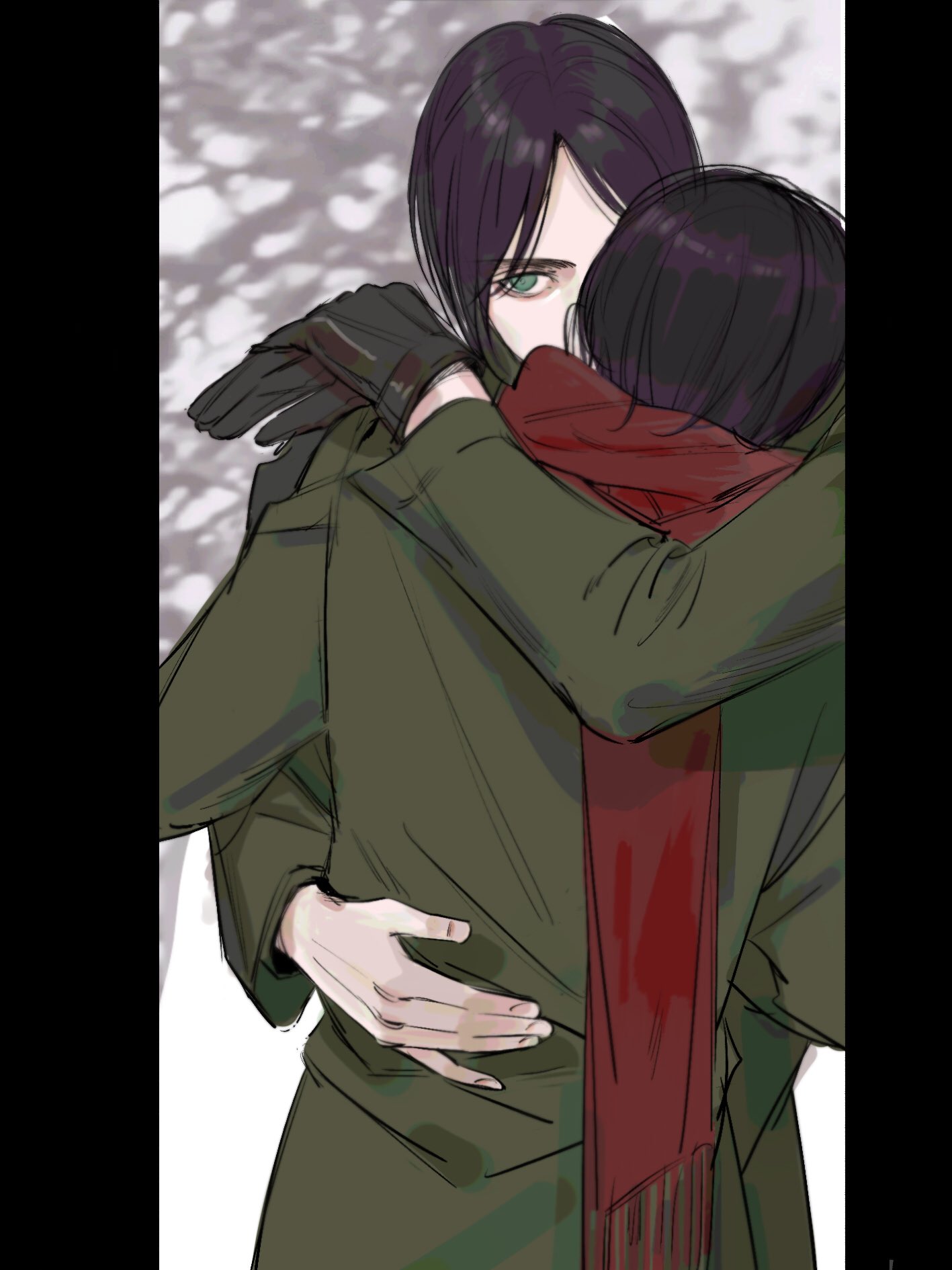 mnine5, eren yeager, mikasa ackerman, shingeki no kyojin, highres, 1boy, 1girl, arm around shoulder, arm around waist, black border, black gloves, black hair, border, brown hair, couple, gloves, green eyes, green jacket, hetero, jacket, looking at viewer, parted bangs, pillarboxed, red scarf, scarf, short hair, snow, upper body, winter