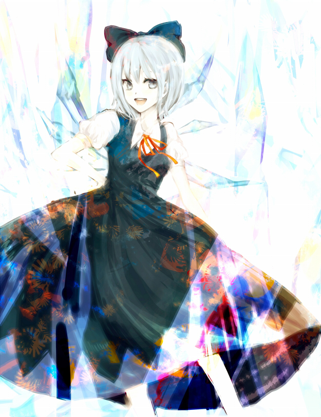 minase (mmakina), cirno, embodiment of scarlet devil, touhou, silver hair, 1girl, bow, female focus, grey eyes, hair bow, smile, solo