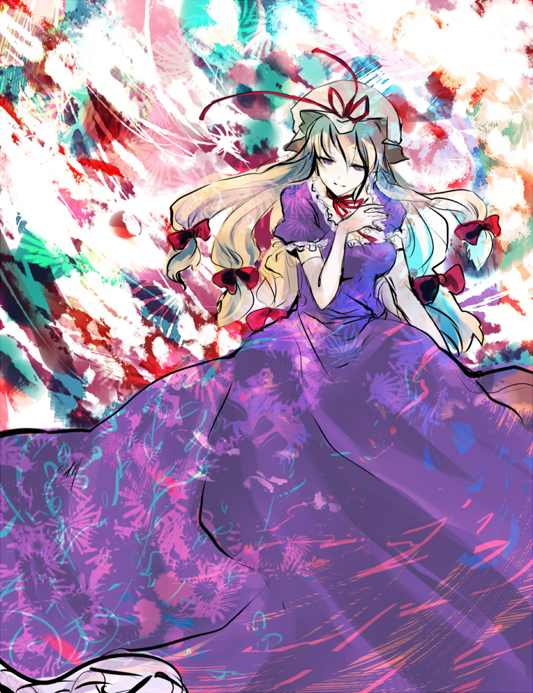 minase (mmakina), yakumo yukari, touhou, 1girl, breasts, dress, elbow gloves, female focus, gloves, hat, mob cap, solo
