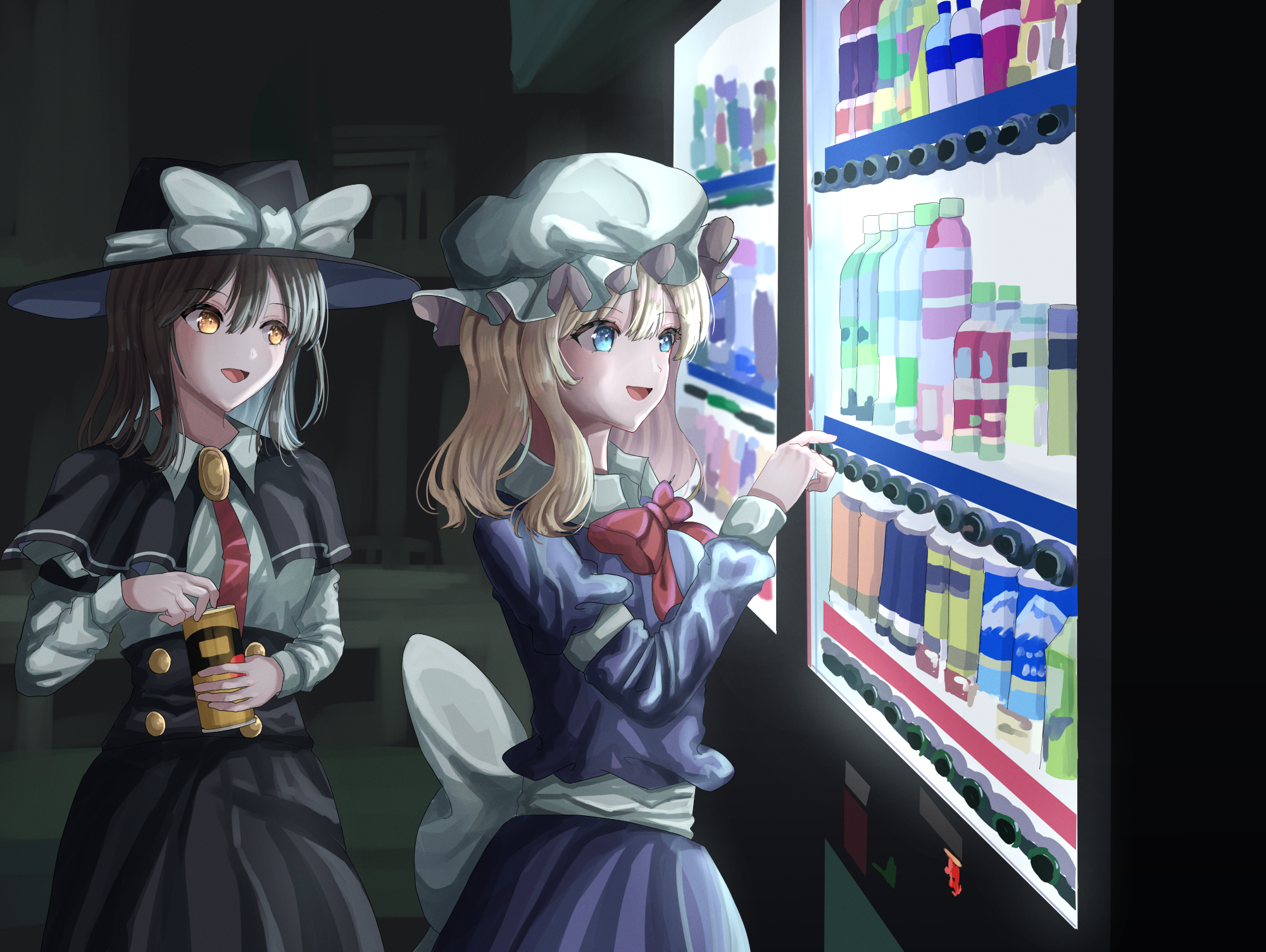 dinotodon, maribel hearn, usami renko, touhou, commentary request, commission, highres, skeb commission, 2girls, :d, back bow, black capelet, black hat, black skirt, blonde hair, blue eyes, blunt ends, bow, bowtie, breasts, brown hair, capelet, collared shirt, cowboy shot, dark, double-parted bangs, dress, dress over shirt, eyelashes, hat, hat bow, medium hair, mob cap, multiple girls, necktie, open mouth, orange eyes, pointing, pointing at object, purple dress, red bow, red bowtie, red necktie, sash, shirt, skirt, small breasts, smile, straight hair, swept bangs, tongue, vending machine, wavy hair, white bow, white hat, white sash, white shirt, wing collar