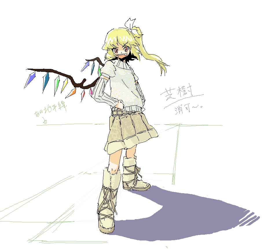 shiba itsuki, shibaki, flandre scarlet, touhou, 1girl, alternate costume, casual, contemporary, female focus, hands on own hips, oekaki, solo, standing, white background