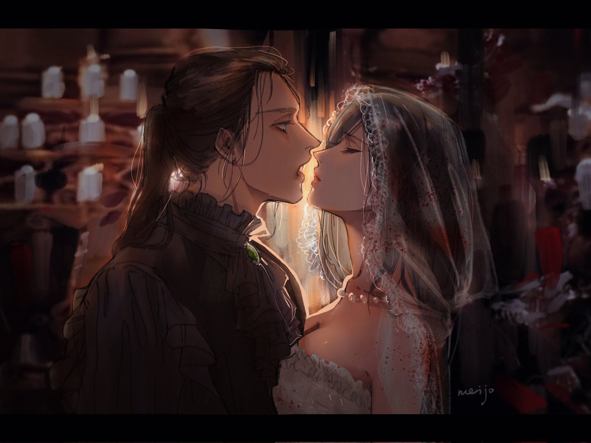 mnine5, eren yeager, mikasa ackerman, shingeki no kyojin, highres, 1boy, 1girl, artist name, black border, black hair, black shirt, border, breasts, bridal veil, brown hair, candle, cleavage, closed eyes, couple, dress, fangs, frilled shirt, frills, hetero, letterboxed, long hair, medium breasts, open mouth, ponytail, shirt, upper body, vampire, veil, wedding dress, white dress
