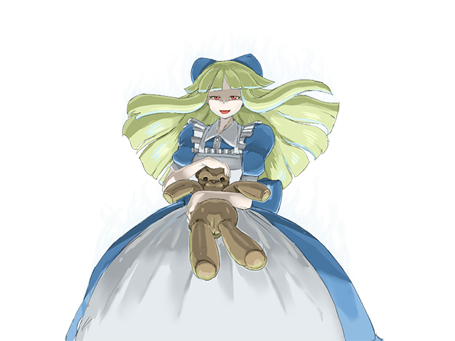 setouchi (blackse), black alice (mon-musu quest!), mon-musu quest!, mon-musu quest: paradox, 1girl, apron, aura, back bow, blue dress, blue ribbon, bow, dark aura, dress, eyes visible through hair, floating hair, frilled apron, frills, green hair, hair ribbon, half-closed eyes, hime cut, holding, holding stuffed toy, nose, partially shaded face, puffy short sleeves, puffy sleeves, red eyes, ribbon, short sleeves, smug, stuffed animal, stuffed toy, teddy bear