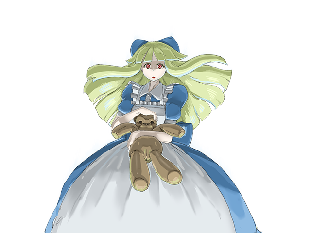 setouchi (blackse), black alice (mon-musu quest!), mon-musu quest!, mon-musu quest: paradox, 1girl, :o, apron, aura, back bow, blue dress, blue ribbon, bow, dark aura, dress, eyes visible through hair, floating hair, frilled apron, frills, green hair, hair ribbon, hime cut, holding, holding stuffed toy, light smile, nose, parted lips, partially shaded face, puffy short sleeves, puffy sleeves, red eyes, ribbon, short sleeves, stuffed animal, stuffed toy, teddy bear