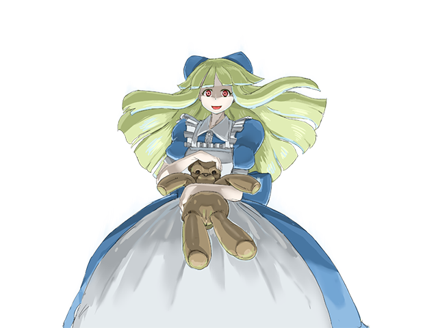 setouchi (blackse), black alice (mon-musu quest!), mon-musu quest!, mon-musu quest: paradox, game cg, variant set, 1girl, apron, aura, back bow, blue dress, blue ribbon, bow, dark aura, dress, eyes visible through hair, floating hair, frilled apron, frills, green hair, hair ribbon, hime cut, holding, holding stuffed toy, nose, partially shaded face, puffy short sleeves, puffy sleeves, red eyes, ribbon, short sleeves, smile, stuffed animal, stuffed toy, teddy bear