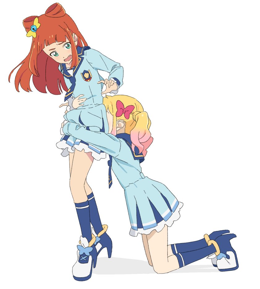 kenbi, nijino yume, saotome ako, aikatsu! (series), aikatsu stars!, 2girls, bell, blonde hair, blue dress, blue necktie, blue sailor collar, blue serafuku, blue shoes, blue socks, blunt bangs, bow, bow-shaped hair, dot nose, dress, emblem, fang, frilled dress, frills, from side, full body, furrowed brow, gradient hair, green eyes, hair bell, hair bow, hair ornament, hands up, high heels, hug, hug from behind, kneeling, leaning forward, light blush, long hair, looking at another, looking back, medium dress, multicolored hair, multicolored shoes, multiple girls, necktie, orange hair, pink bow, pink hair, sailor collar, school uniform, serafuku, shoes, sidelocks, simple background, socks, standing, straight hair, twintails, two-tone hair, two-tone shoes, wavy hair, white background, white shoes, yellow bow, yotsuboshi academy school uniform