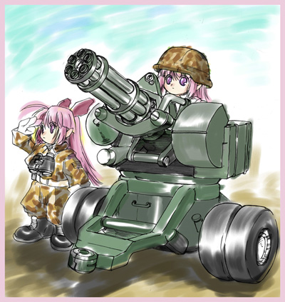 hoihoi-san, ichigeki sacchuu!! hoihoi-san, lowres, 2girls, ahoge, animal ears, binoculars, boots, camouflage, child, gatling gun, gloves, gun, helmet, long hair, m167 vads, military, military uniform, minigun, multiple girls, pink hair, purple eyes, vulcan, weapon